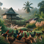 DALL·E 2024-03-29 22.53.51 - A serene rural scene in Thailand, with a group of colorful hens p...png