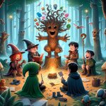 A whimsical forest scene with five friends named TD, shortkut, Fools Requiem, Alu, and Smackta...jpg